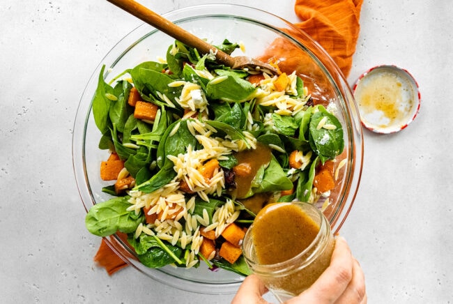 roasted butternut squash orzo salad with dressing
