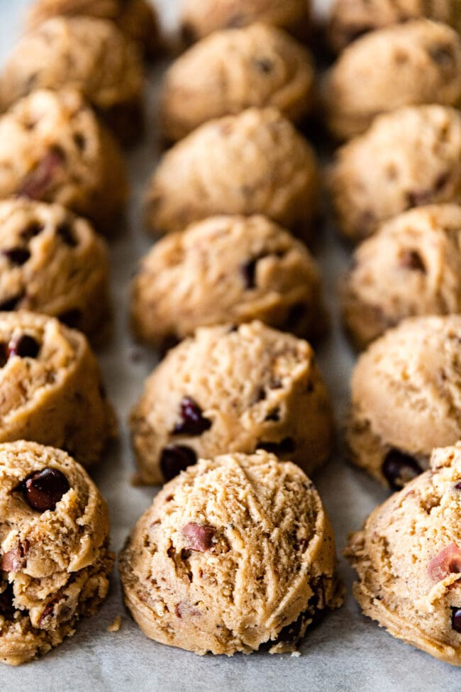 brown butter Twix cookie dough on baking sheet