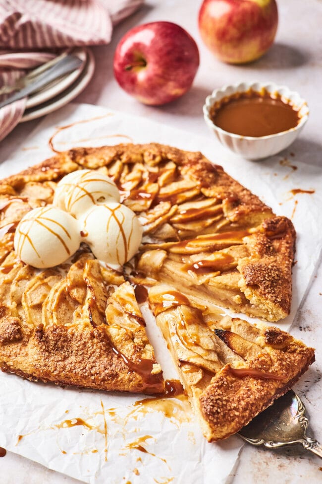 apple galette with salted caramel sauce and vanilla ice cream