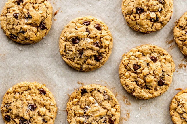 peanut butter oatmeal chocolate chip cookies on baking sheet