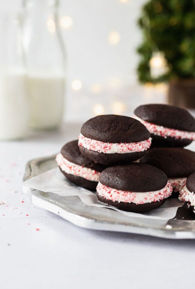 peppermint chocolate whoopie pies on plate