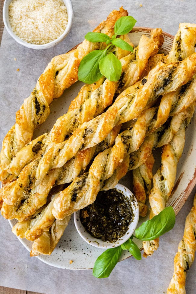 Cheese straws on platter