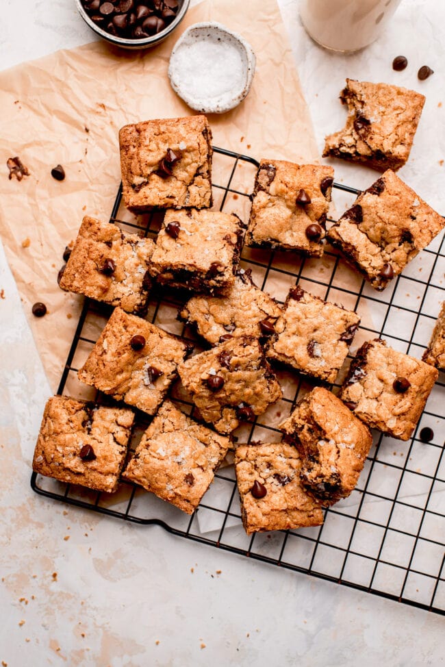 oatmeal chocolate chip bars on cooling rack