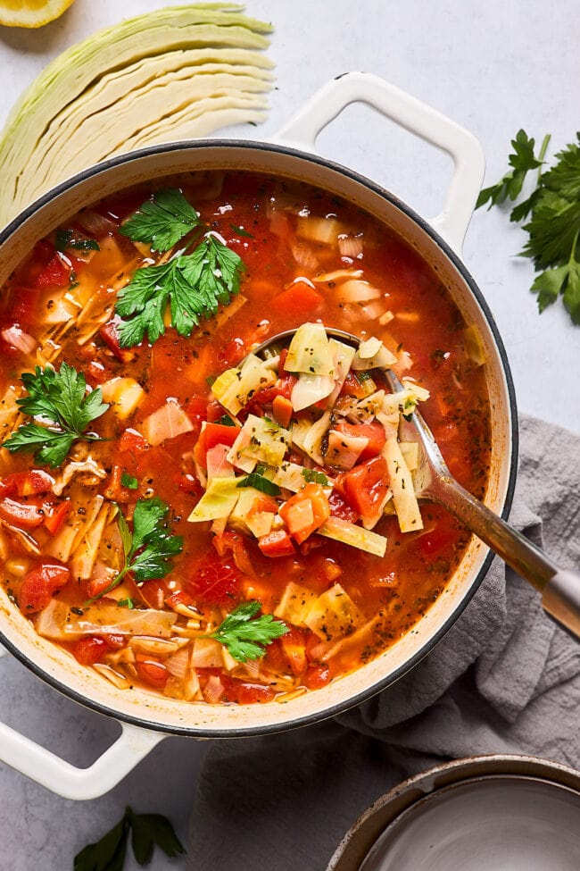 Cabbage Soup in pot with ladle. 