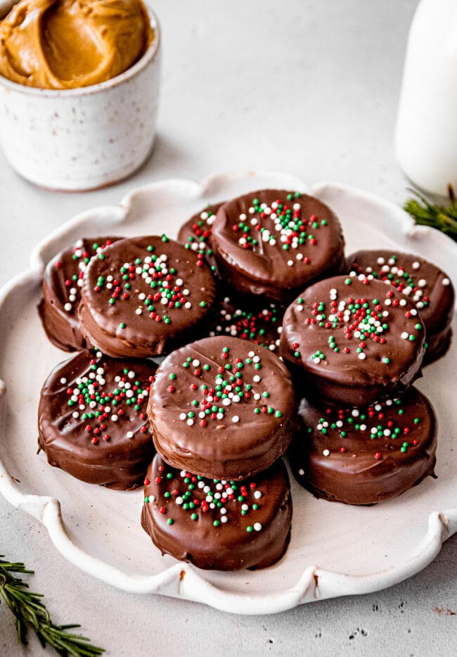 chocolate peanut butter Ritz cookies on plate