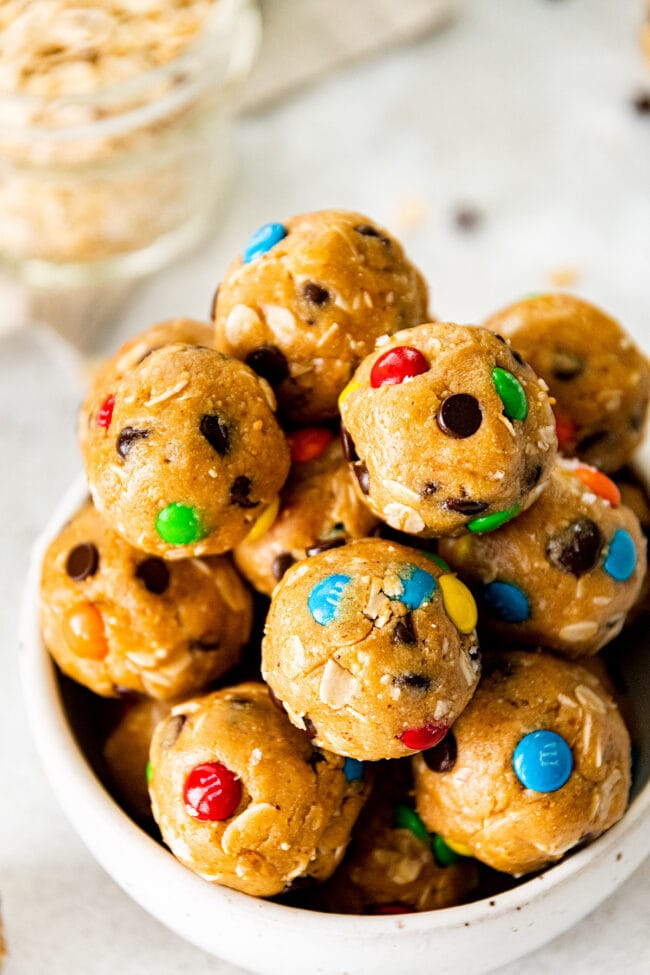 monster cookie protein balls in bowl