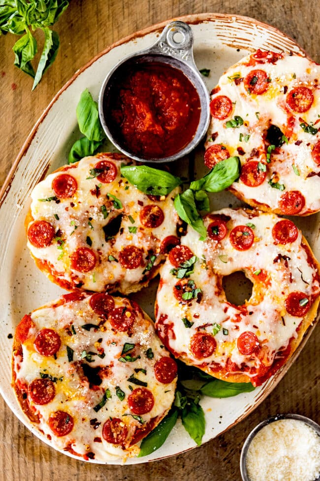 pizza bagels with pizza sauce