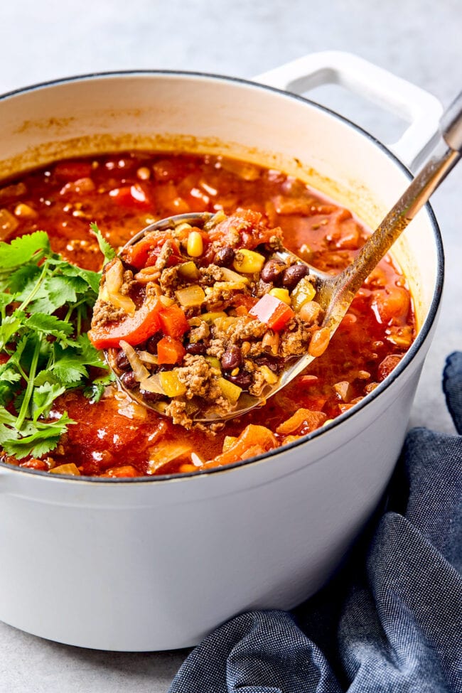 taco soup in a pot with a ladle.