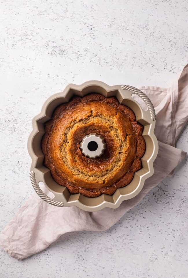 banana bundt cake in a bundt pan