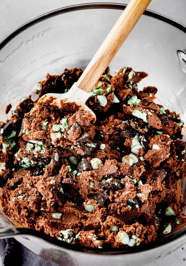 chocolate mint Oreo cookie dough in bowl with spatula