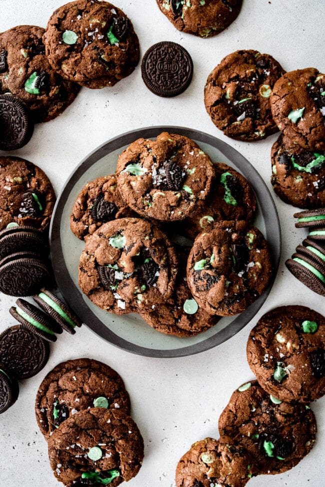 chocolate mint Oreo cookies on plate