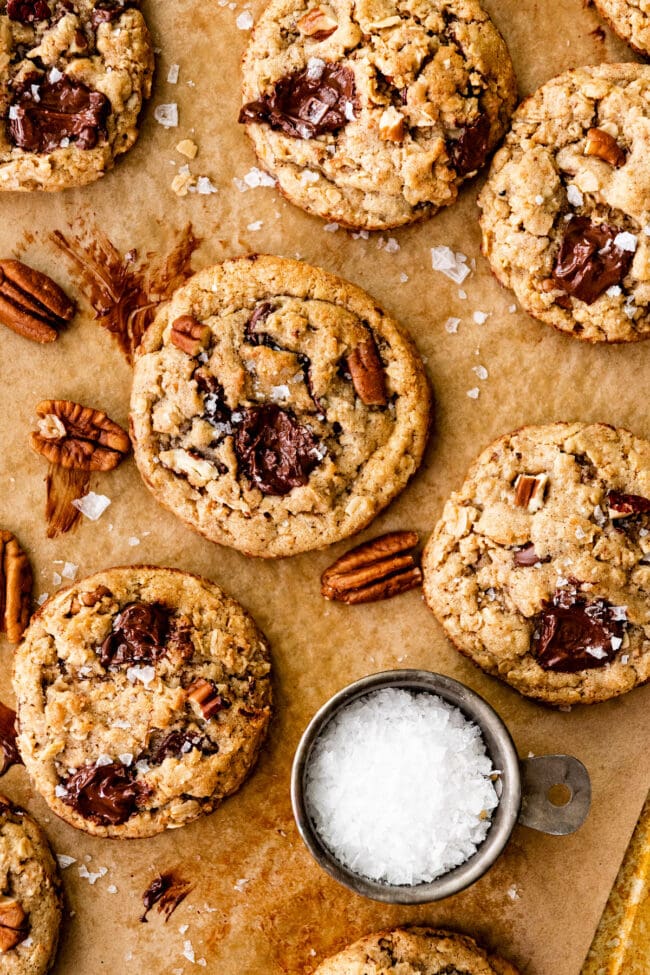 cowboy cookies on baking sheet