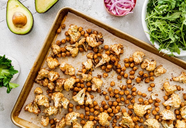 roasted cauliflower and chickpeas on sheet pan