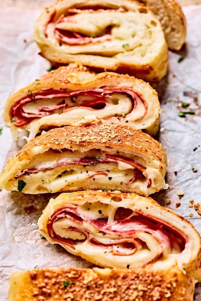 slices of stromboli with meat and cheese