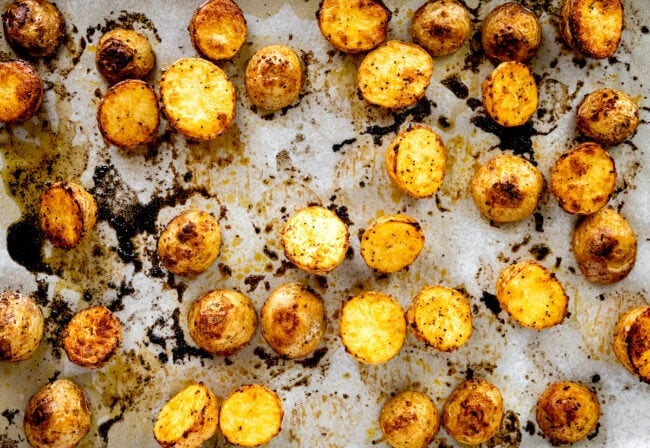 roasted potatoes on baking sheet.