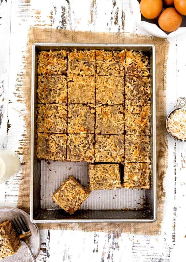 oatmeal cake cut into pieces in pan