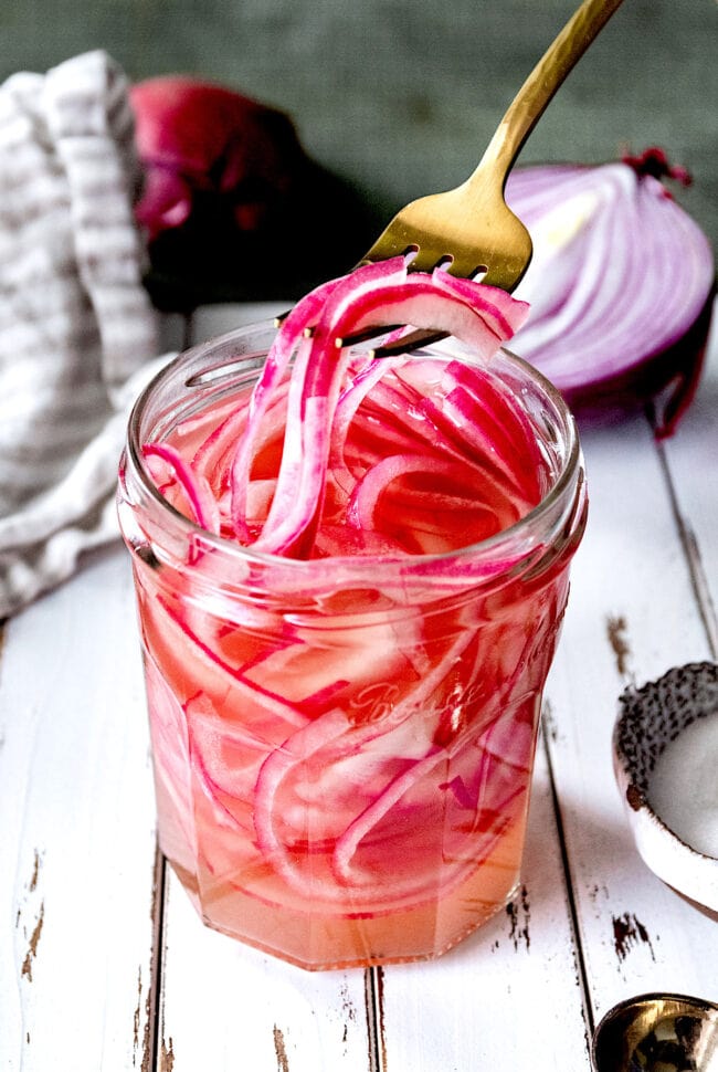 quick pickled red onions in a jar