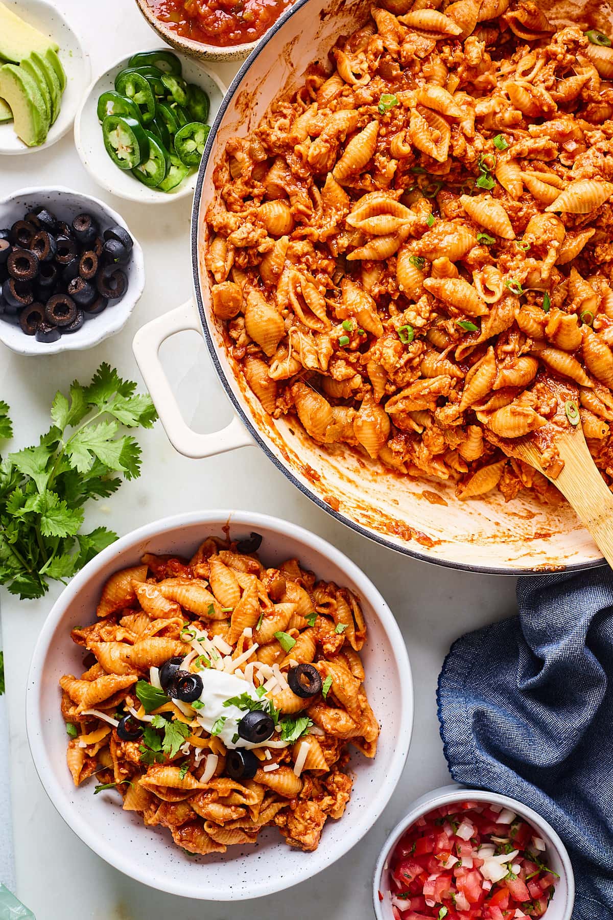 taco pasta recipe in skillet and in a bowl.