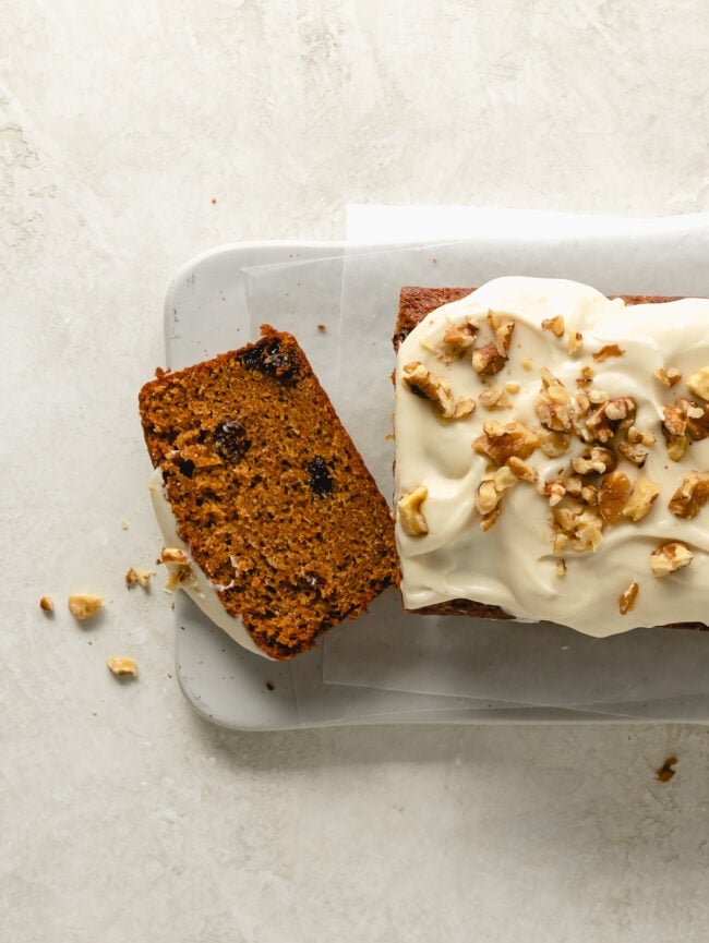 carrot cake loaf on cutting board