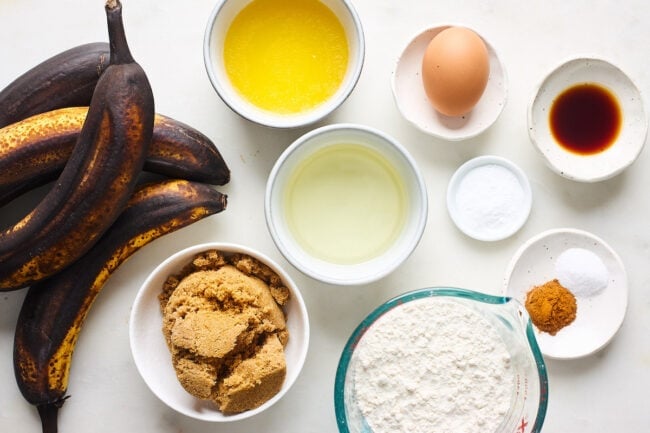 easy banana bread ingredients in bowls. 