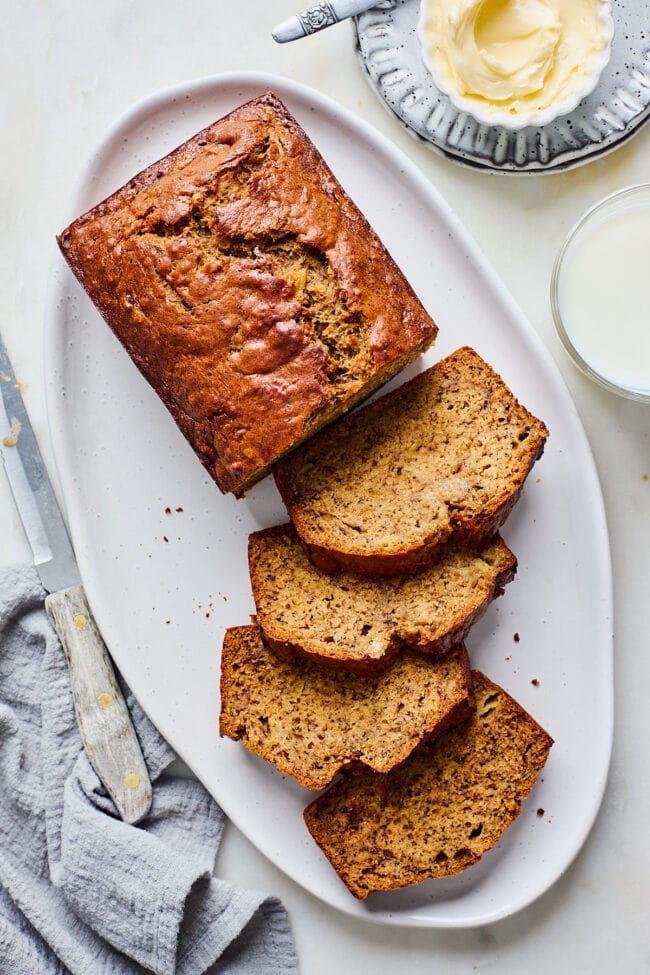 banana bread slices on platter.