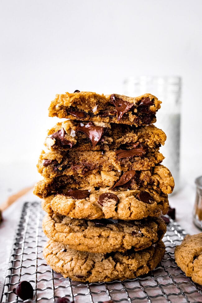 stack of brown butter Biscoff chocolate chip cookies.