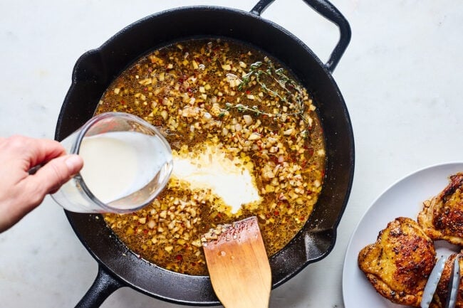 cream sauce in cast iron skillet. 