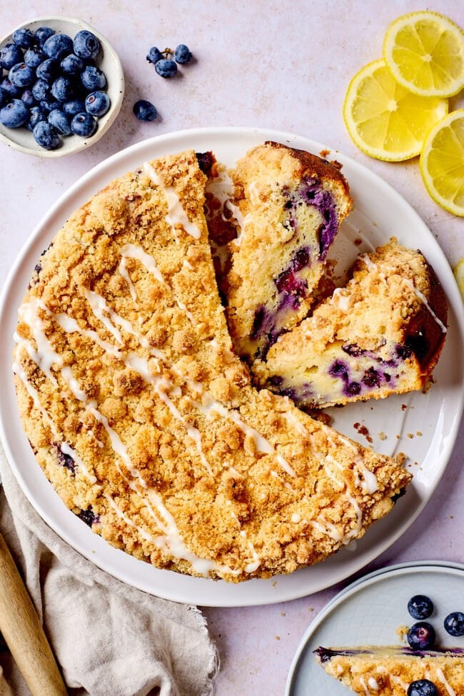 lemon blueberry ricotta cake on plate.