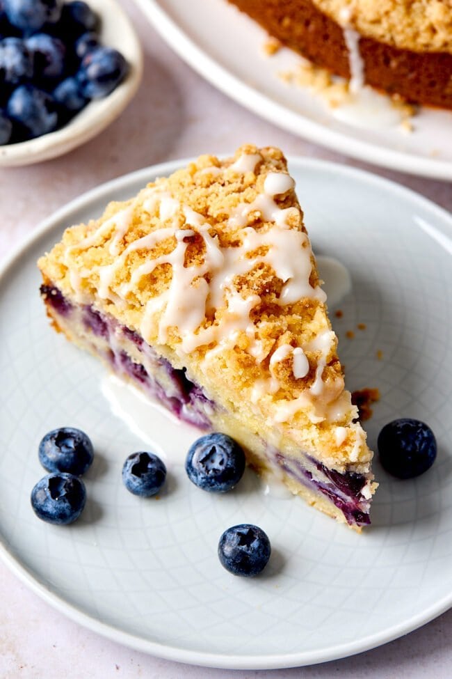 piece of lemon blueberry ricotta cake on plate.