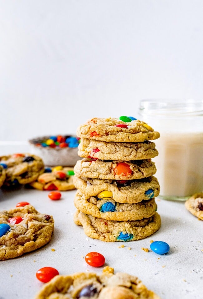 stack of M&M cookies.