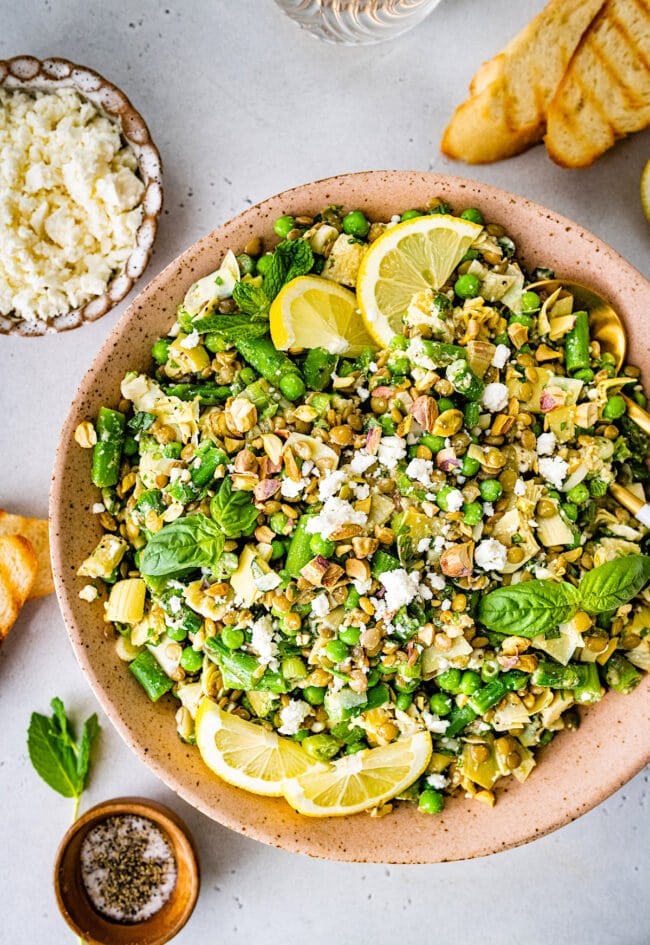 spring lentil salad in bowl.