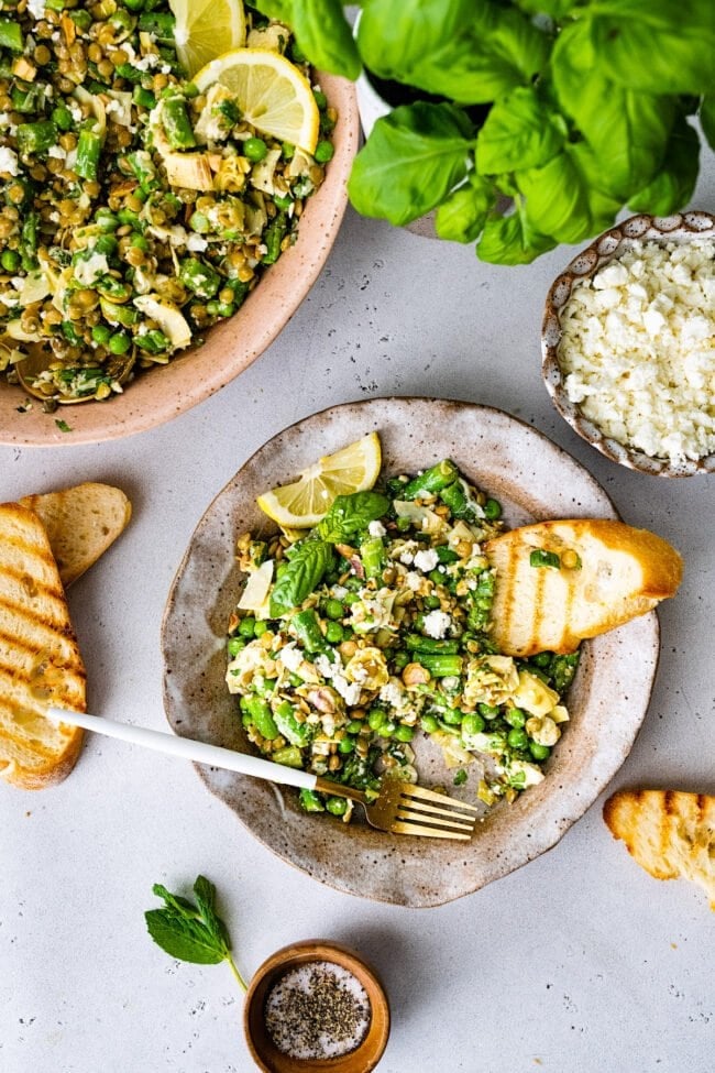 spring lentil salad on plate with bread.