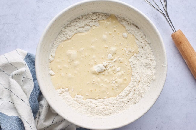 blueberry pancake mix in bowl.