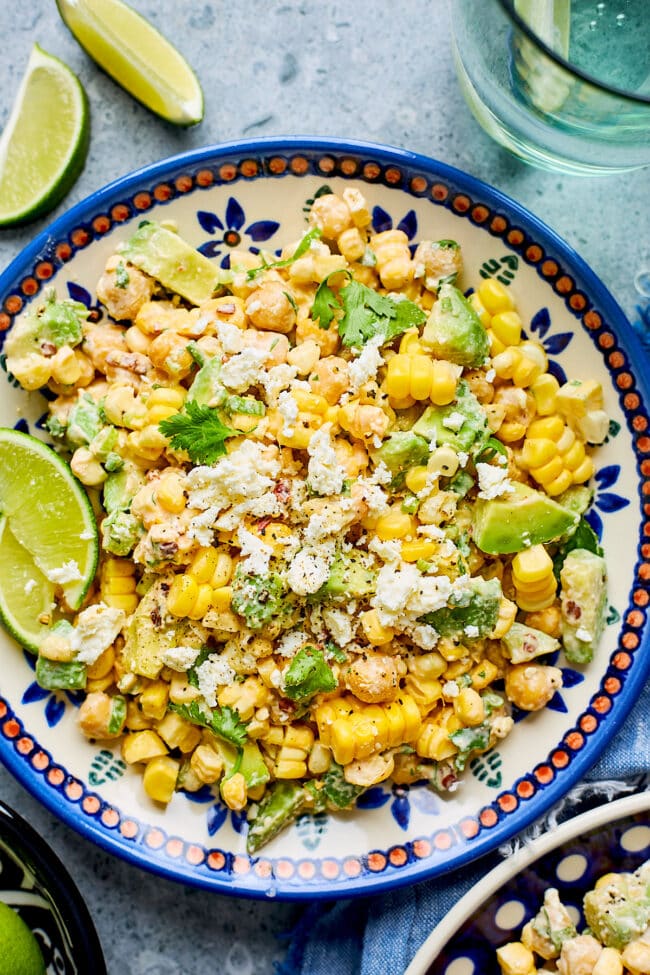 chipotle chickpea corn salad in bowl. 