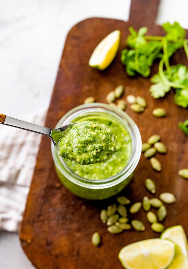 cilantro pesto on a spoon.