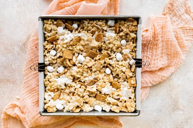 cinnamon toast crunch rice krispie treats in pan. 