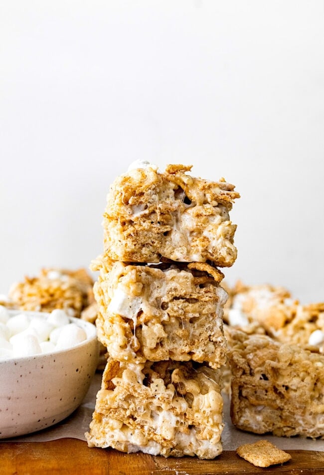 stack of cinnamon toast crunch rice krispie treats.