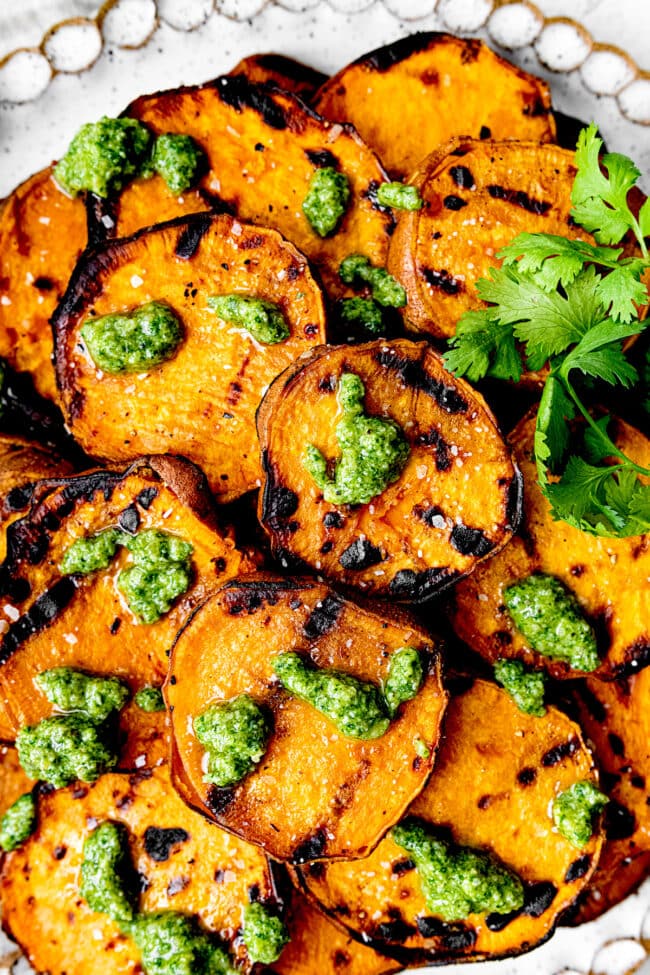 cilantro pesto on grilled sweet potatoes.