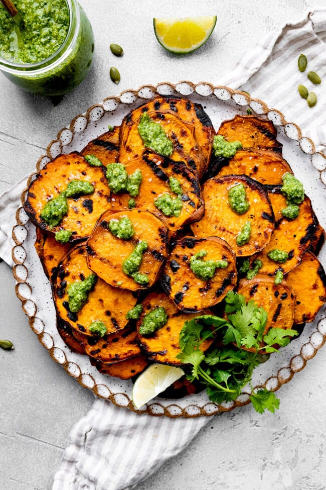 grilled sweet potatoes with cilantro pesto.