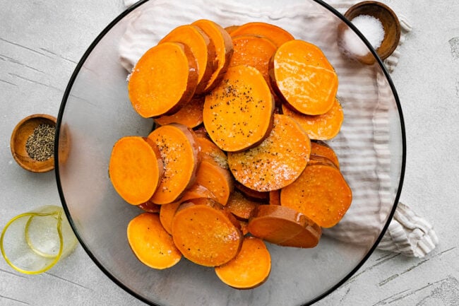 sweet potato rounds in a bowl.