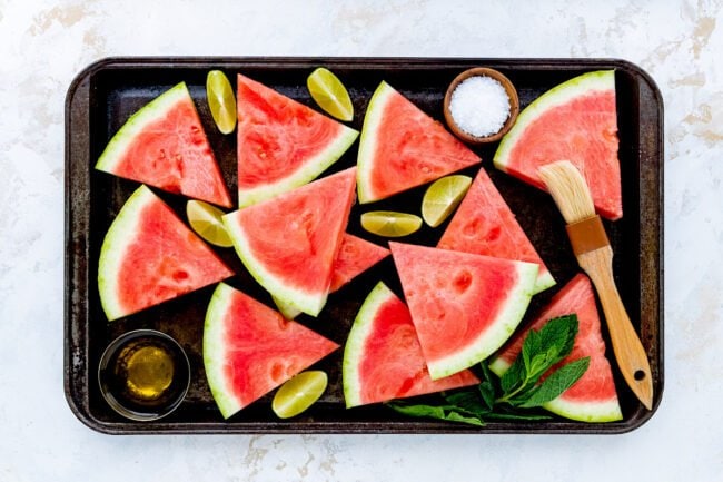 watermelon wedges on tray. 