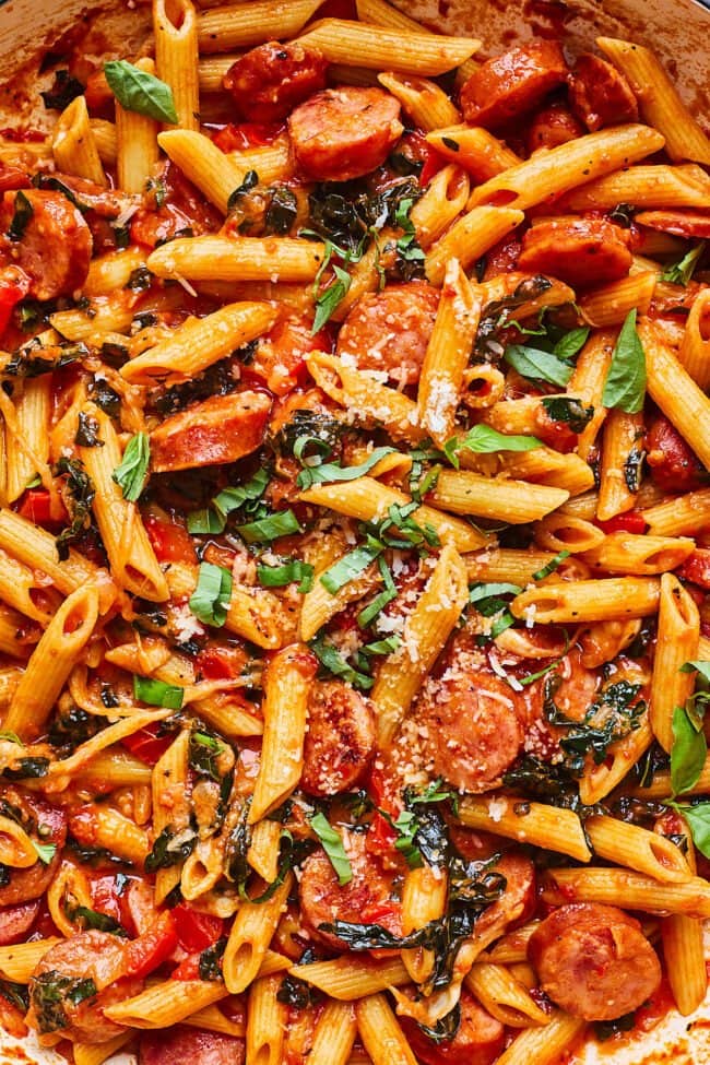 sausage penne pasta with marinara sauce.