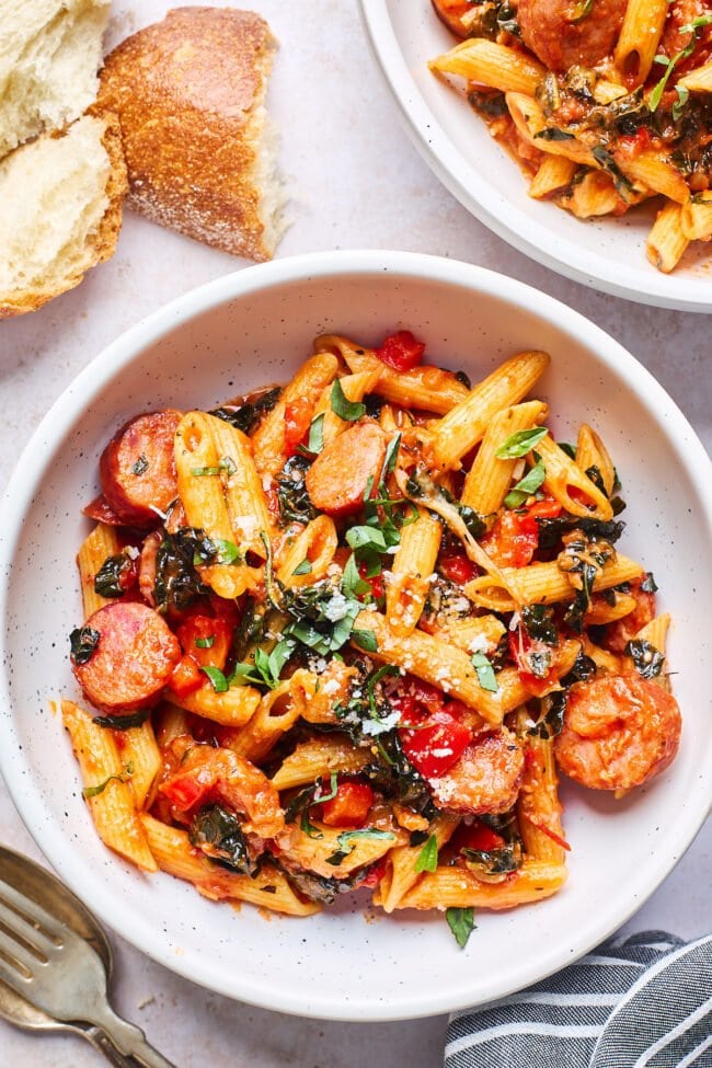 sausage pasta on plate.