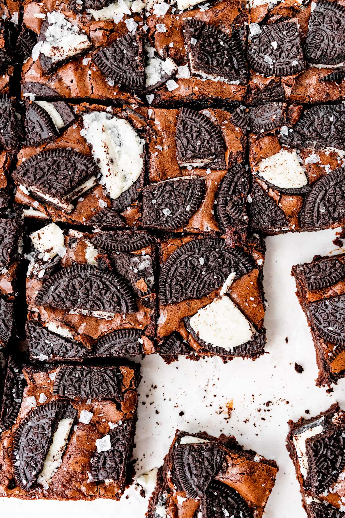 Oreo brownies cut into squares. 
