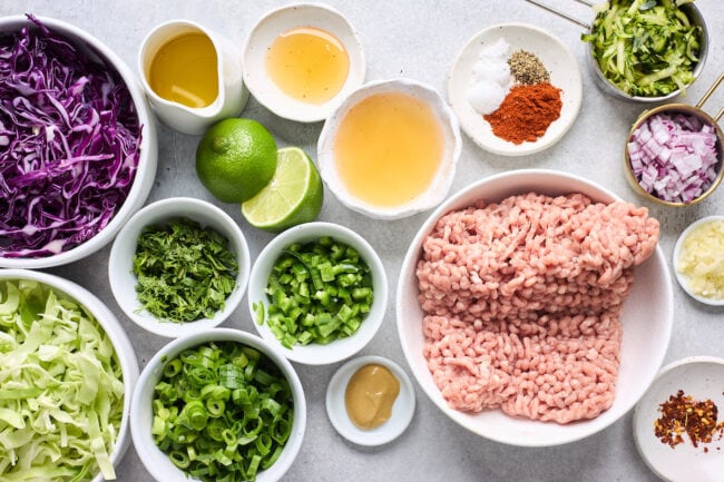 turkey burger ingredients in bowls. 