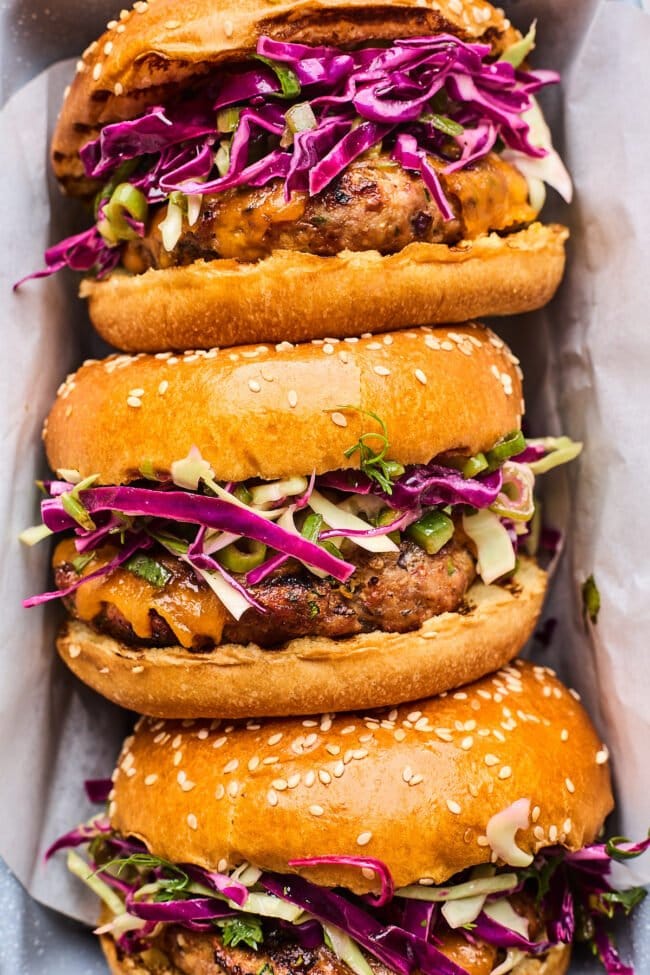 turkey burgers with cabbage slaw.