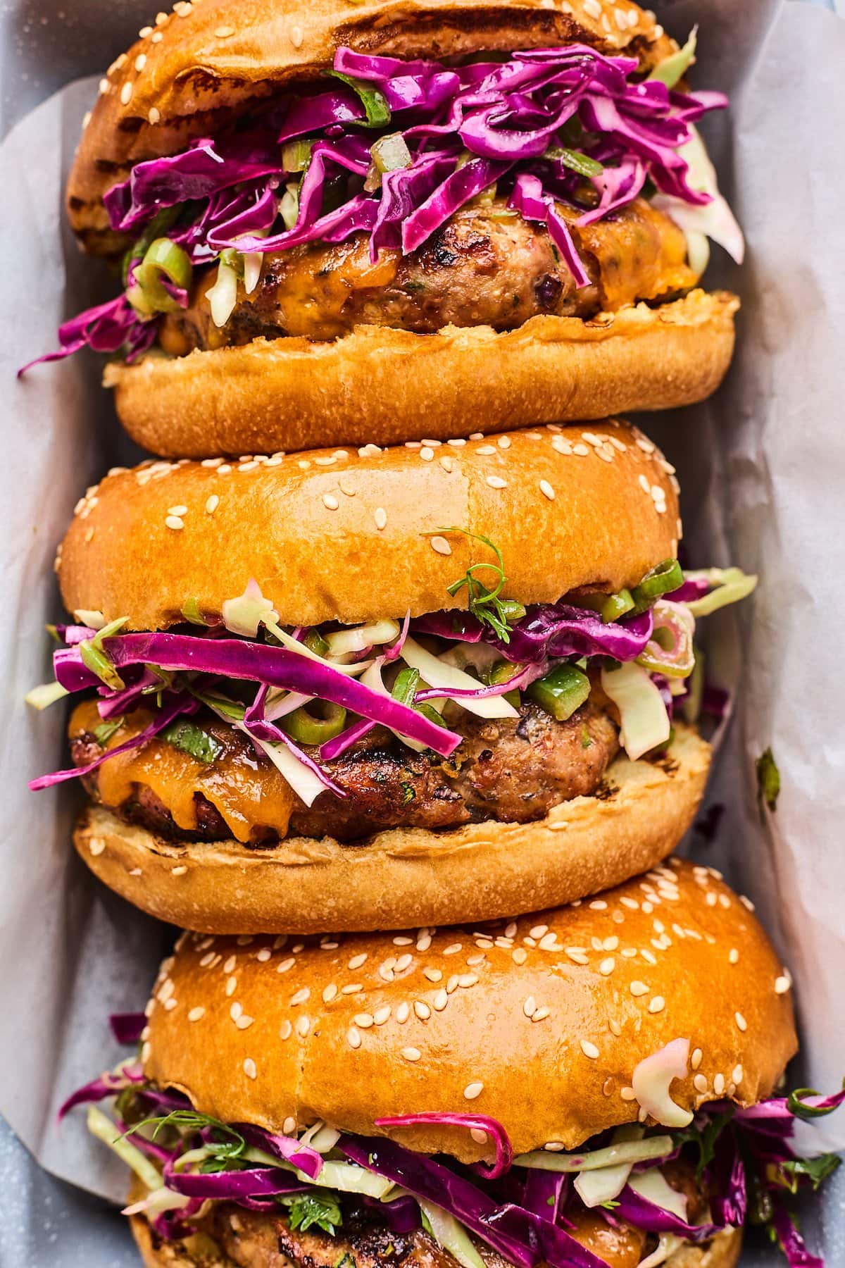 turkey burgers with cabbage slaw. 