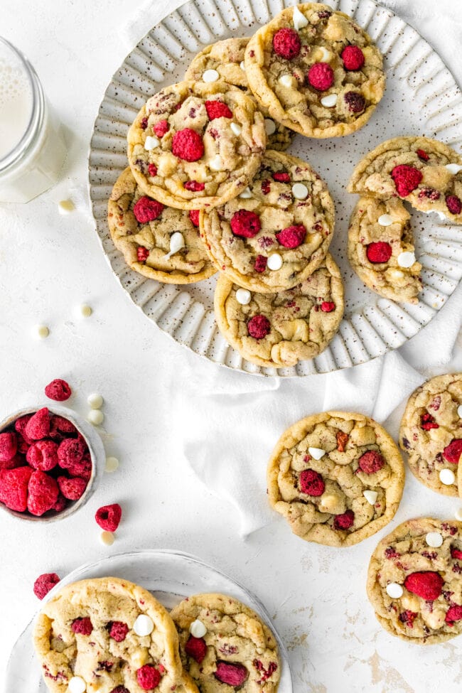 white chocolate raspberry cookies on plate.