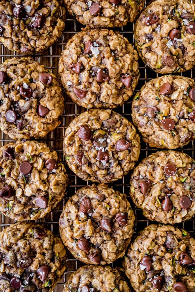 brown butter zucchini oatmeal chocolate chip cookies with flaky sea salt.