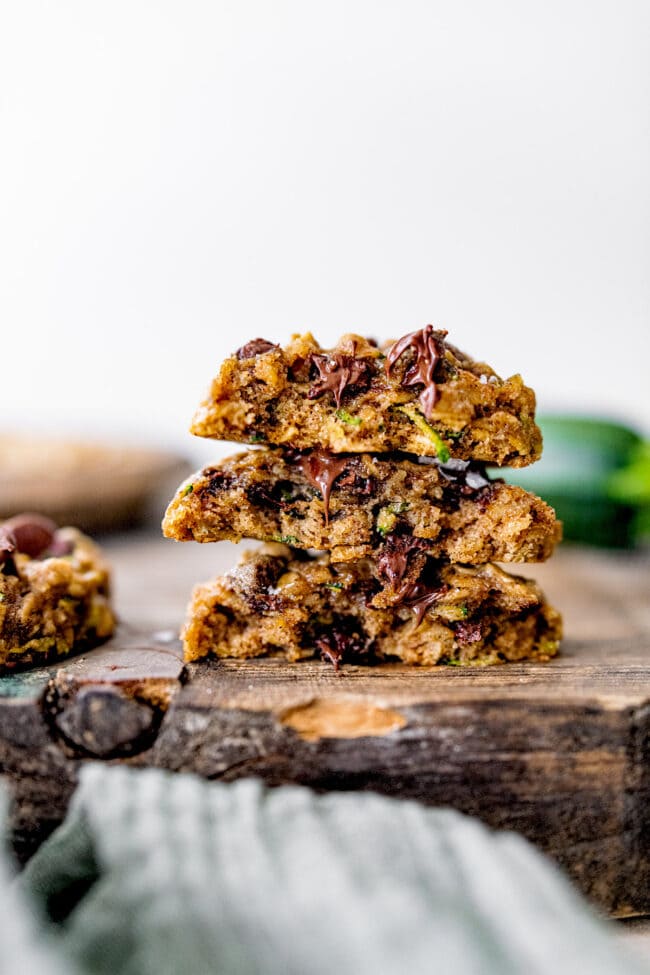 stack of brown butter zucchini oatmeal chocolate chip cookies.